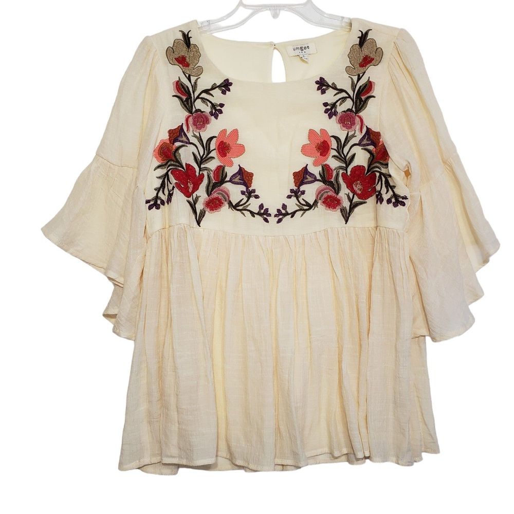 Umgee Boho Style Blouse with Beautiful Embroidery and Bell Sleeves, Size Small